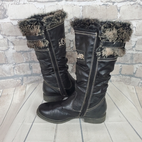 s.Oliver Winter Tall Leather Boots Lined Faux Fur Black Size 38 - Picture 9 of 16